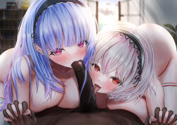 Rule 34 | 1boy, 2girls, ass, azur lane, black hairband, blue hair, blush, book, bookshelf, breast press, breasts, censored, collarbone, cooperative fellatio, curtains, dark-skinned male, dark skin, dido (azur lane), fellatio, ffm threesome, fingernails, group sex, hair ornament, hairband, headdress, hetero, highres, holding hands, indoors, interlocked fingers, interracial, large breasts, licking, licking penis, long hair, looking at viewer, male pubic hair, mosaic censoring, multiple girls, netorare, nude, open mouth, open window, oral, penis, pink eyes, pov, pov crotch, pubic hair, red eyes, saliva, sirius (azur lane), takao no o kata, thighhighs, threesome, tongue, tongue out, white hair, white thighhighs, window