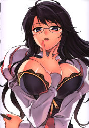 Rule 34 | 1girl, absurdres, arm between breasts, between breasts, black hair, breasts, bursting breasts, finger to face, glasses, hae-young na, highres, kim kwang hyun, lace, large breasts, long hair, looking at viewer, parted lips, purple eyes, simple background, solo, sweat, unbalance unbalance, white background, zipper