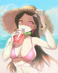 Rule 34 | 1girl, absurdres, bad id, bad pixiv id, bamboo, bangle, beach, bikini, bit gag, black hair, bracelet, breasts, cleavage, coin (ornament), contemporary, cup, day, disposable cup, drink, drinking, drinking straw, drinking straw in mouth, eyelashes, gag, gag around neck, unworn gag, hair ribbon, hand on headwear, hands up, hat, highres, holding, holding cup, holding drink, jewelry, juice, kamado nezuko, kimetsu no yaiba, large breasts, long hair, looking at viewer, multicolored hair, navel, ocean, orange hair, outdoors, pink bikini, pink eyes, pink ribbon, ribbon, savarin (fjnr7287), skindentation, sky, solo, straw hat, streaked hair, sun hat, swimsuit, upper body, wet