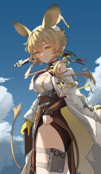Rule 34 | 1girl, absurdres, animal ears, arknights, arusu mie mie zi, bare shoulders, blonde hair, blue sky, breasts, brown skirt, closed mouth, cloud, coat, cowboy shot, day, dorothy (arknights), gloves, gun, high-waist skirt, highres, holding, hourglass, long hair, long sleeves, looking at viewer, low ponytail, medium breasts, mouse ears, mouse girl, mouse tail, off shoulder, open clothes, open coat, orange eyes, outdoors, pelvic curtain, pouch, shirt, single glove, skirt, sky, sleeves past wrists, smile, solo, tail, thigh pouch, thigh strap, thighs, underbust, weapon, white coat, white shirt, yellow gloves