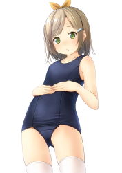 Rule 34 | 1girl, bare arms, bare shoulders, black one-piece swimsuit, blush, breasts, brown hair, closed mouth, commentary request, green eyes, hair ornament, hair ribbon, hairclip, hands on own stomach, highres, looking at viewer, old school swimsuit, one-piece swimsuit, orange ribbon, original, ribbon, school swimsuit, shibacha, simple background, small breasts, solo, swept bangs, swimsuit, thighhighs, white background, white thighhighs