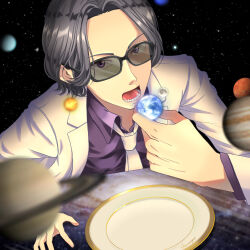 Rule 34 | 1boy, absurdres, black hair, earth (planet), eating, feeding, formal, highres, human bug daigaku, jupiter (planet), kitou jouji, male focus, mars (planet), mcrsmpi, necktie, open mouth, planet, plate, saturn (planet), solo, space, suit, sunglasses, white necktie, white suit