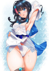 Rule 34 | 1girl, arm behind head, arm up, armpits, bare shoulders, black hair, blue eyes, blue ribbon, blush, breasts, clothes lift, dress, dress lift, fate/grand order, fate/requiem, fate (series), fundoshi, highres, hinata sora, japanese clothes, jewelry, large breasts, long sleeves, looking at viewer, magatama, magatama hair ornament, medium hair, multicolored hair, necklace, open mouth, pelvic curtain, pink hair, puffy long sleeves, puffy sleeves, ribbon, seigaiha, short dress, sideboob, sideless outfit, streaked hair, thighs, utsumi erice, wet, white dress