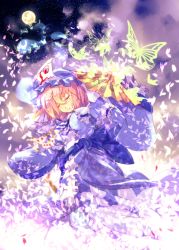 Rule 34 | 1girl, breasts, bug, butterfly, cherry blossoms, dress, closed eyes, hand fan, female focus, folding fan, frilled dress, frilled sleeves, frills, full moon, ghost, hair between eyes, hat, highres, hitodama, holding, bug, japanese clothes, long sleeves, moon, night, night sky, obi, petals, pink hair, renka (renkas), saigyouji yuyuko, sash, short hair, sky, smile, solo, star (sky), starry sky, touhou, triangular headpiece, wide sleeves