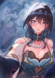 Rule 34 | 1girl, absurdres, bare shoulders, black hair, blue eyes, breasts, cleavage, collarbone, commentary, dress, english commentary, expressionless, flower, gloves, hair between eyes, hair flower, hair intakes, hair ornament, highres, honkai: star rail, honkai (series), jewelry, long hair, looking at viewer, necklace, outstretched arm, parted lips, pov, raion rennes, ruan mei (honkai: star rail), solo, sweat, twitter username, upper body
