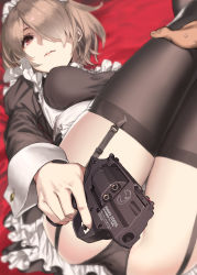 Rule 34 | 1boy, 1girl, 92m, apron, ass, black dress, black panties, black thighhighs, breasts, breasts apart, chiappa firearms, chiappa rhino, chiappa rhino 20ds, dress, expressionless, finger on trigger, frills, garter straps, gun, hair over one eye, handgun, highres, holding, holding gun, holding leg, holding weapon, juliet sleeves, large breasts, light brown hair, long sleeves, looking at viewer, low bore axis revolver, lying, maid, maid headdress, on back, original, panties, parted lips, puffy sleeves, revolver, rifling, short hair, sidelocks, skindentation, snubnosed revolver, solo focus, thighhighs, thighs, underwear, upskirt, weapon, white apron