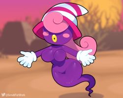 Rule 34 | 1girl, blush stickers, breasts, curly hair, ghost, gloves, hat, highres, large breasts, long hair, mario (series), navel, nintendo, no eyes, paper mario, paper mario: the thousand year door, pink hair, pursed lips, solo, somescrub, striped clothes, striped headwear, vivian (paper mario), wide hips, witch hat, yellow lips