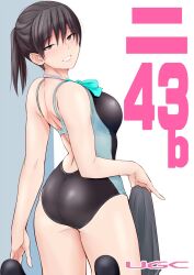 Rule 34 | 1girl, amagami, ass, black eyes, black hair, black one-piece swimsuit, black socks, blush, breasts, commentary request, competition swimsuit, from behind, highres, long hair, looking at viewer, medium breasts, one-piece swimsuit, ponytail, sasaki akira (ugc), skirt, smile, socks, solo, swimsuit, tsukahara hibiki