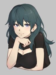 Rule 34 | 1girl, black sweater, blue hair, blush, breasts, byleth (female) (fire emblem), byleth (fire emblem), cleavage cutout, closed mouth, clothing cutout, commentary request, cropped torso, fire emblem, fire emblem: three houses, grey background, hair between eyes, head rest, highres, large breasts, long hair, looking at viewer, nintendo, purple eyes, short sleeves, simple background, smile, solo, sweater, zuzu (ywpd8853)
