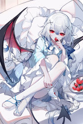 Rule 34 | 1girl, bat wings, blue shirt, braid, braided ponytail, commentary request, cup, demon tail, demon wings, eyelashes, food, frilled sleeves, frills, fruit, hair between eyes, hair ornament, hand up, highres, holding, holding cup, long braid, long hair, long sleeves, looking at viewer, nail polish, original, pillow, plate, pointy ears, red eyes, red nails, sheya, shirt, slit pupils, solo, strawberry, tail, teacup, very long hair, white hair, wide sleeves, wings, x hair ornament
