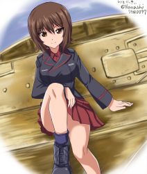 Rule 34 | 10s, 1girl, ankle boots, arm support, artist name, black footwear, black jacket, black socks, boots, brown eyes, brown hair, closed mouth, commentary, cross-laced footwear, dress shirt, dutch angle, girls und panzer, jacket, kuromorimine military uniform, lace-up boots, leg up, long sleeves, looking at viewer, military, military uniform, military vehicle, miniskirt, motor vehicle, nishizumi maho, one-hour drawing challenge, pleated skirt, red shirt, red skirt, shirt, short hair, signature, sitting, skirt, smile, socks, solo, tank, tiger i, twitter username, uniform, wing collar, zanntetu