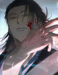 Rule 34 | 1boy, absurdres, black hair, black kimono, blood, blood on face, getou suguru, hand up, highres, japanese clothes, jujutsu kaisen, kimono, long hair, looking at viewer, male focus, parted lips, solo, upper body, yellow eyes, yoon (dmsco1803)