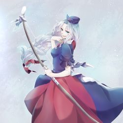 Rule 34 | 1girl, arm up, bow, bow (weapon), breasts, constellation, cross, dress, facing away, green eyes, hair bow, hand on own chin, hat, holding, holding weapon, long hair, looking back, medium breasts, multicolored clothes, multicolored dress, nurse cap, open mouth, puffy short sleeves, puffy sleeves, short sleeves, silver hair, smile, solo, space, star (sky), teeth, tongue, toropp, touhou, very long hair, weapon, yagokoro eirin