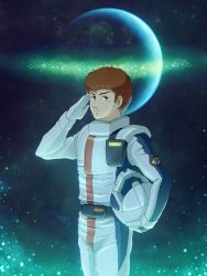 Rule 34 | 1boy, amuro ray, brown eyes, brown hair, cabbage666, char&#039;s counterattack, earth (planet), gundam, helmet, looking at viewer, pilot suit, planet, salute, science fiction, short hair, space, spacesuit, star (sky)