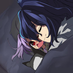Rule 34 | 2girls, ahoge, blanket, blue bow, blue hair, blush, bow, closed eyes, commentary request, debt, from side, grey hoodie, hair bow, hood, hoodie, japanese clothes, kimono, looking at another, lying, multiple girls, nose blush, on back, on side, one eye closed, open mouth, pillow, profile, purple hair, red eyes, red kimono, short hair, sleeping, smile, stuffed animal, stuffed cat, stuffed toy, sukuna shinmyoumaru, sweatdrop, syope, touhou, upper body, yorigami shion