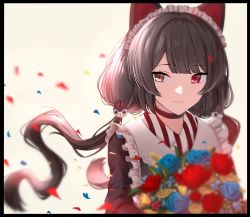 Rule 34 | 1girl, animal ears, black border, blue flower, blue rose, border, bouquet, brown hair, brown kimono, dandelion, dog ears, dog girl, dog hair ornament, flower, frilled kimono, frills, hair ornament, heterochromia, highres, holding, holding bouquet, inui toko, japanese clothes, kimono, looking to the side, maid, maid headdress, nichijo, nijisanji, red eyes, red flower, red rose, rose, smile, solo, twintails, virtual youtuber, wa maid, yellow eyes, yellow flower