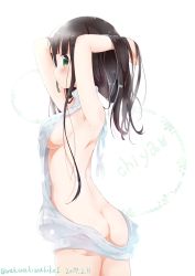 Rule 34 | 1girl, 2017, absurdres, aran sweater, armpits, arms behind head, arms up, ass, back, backless dress, backless outfit, bare back, bare shoulders, black hair, blush, breasts, butt crack, cable knit, character name, closed mouth, cowboy shot, dated, drawstring, dress, gochuumon wa usagi desu ka?, green eyes, hair tie, halterneck, heart, heart-shaped pupils, highres, long hair, looking at viewer, meme attire, mouth hold, naked sweater, neki (wakiko), profile, sideboob, sleeveless, sleeveless turtleneck, smile, solo, sweater, sweater dress, symbol-shaped pupils, turtleneck, turtleneck sweater, twitter username, ujimatsu chiya, virgin killer sweater, white background, white sweater