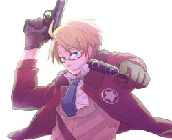 Rule 34 | 1boy, ahoge, aiming, aiming at viewer, america (hetalia), axis powers hetalia, blonde hair, blue eyes, glasses, gloves, gun, jacket, looking at viewer, male focus, masamune8592, md5 mismatch, necktie, short hair, simple background, solo, weapon, white background