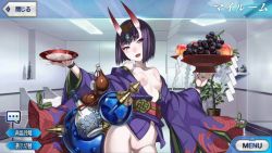 Rule 34 | 1girl, alcohol, black hair, bottle, breasts, commentary request, cum, cup, fate/grand order, fate (series), food, fruit, grapes, horns, japanese clothes, kimono, liquor, looking at viewer, nipples, nude, nude filter, oni, otokoippiki gutchi, peach, plant, pussy, sakazuki, sake bottle, shuten douji (fate), small breasts, solo, third-party edit, uncensored