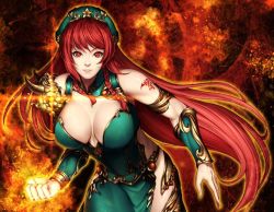 Rule 34 | 1girl, braid, breasts, cleavage, clenched hand, cropped, female focus, fire, hat, hong meiling, kugi ta hori taira, large breasts, lips, long hair, looking at viewer, pyrokinesis, red eyes, red hair, revision, solo, star (symbol), tattoo, thighhighs, touhou, twin braids, very long hair
