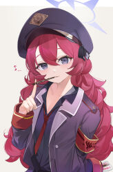 Rule 34 | 1girl, armband, black hat, black shirt, blue archive, blush, food, food in mouth, grey eyes, hair between eyes, halo, hat, highres, holding, holding food, holding pocky, index finger raised, iroha (blue archive), jacket, long hair, long sleeves, looking at viewer, military hat, military jacket, mimizuku (mmiganaru), mouth hold, musical note, necktie, peaked cap, pocky, pocky in mouth, purple halo, red armband, red hair, red necktie, shirt, simple background, smile, solo, spoken musical note, uniform, wavy hair, white background