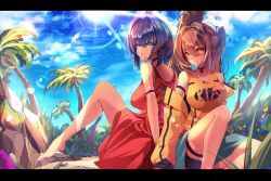 Rule 34 | 2girls, ahoge, alternate costume, beach, black collar, blue eyes, blue hair, brown eyes, brown hair, cloud, cloudy sky, collar, detached sleeves, dress, earrings, hair intakes, hair ornament, hairclip, highres, hololive, hololive english, jewelry, lens flare, long hair, looking at viewer, multicolored hair, multiple girls, nanashi mumei, ouro kronii, palm tree, ponytail, red dress, shirt, short hair, sky, smile, streaked hair, sun, sunlight, tank top, the0neulost, tree, very long hair, virtual youtuber, yellow shirt