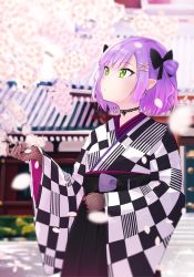 Rule 34 | 1girl, 53c, absurdres, black bow, black hakama, blurry, blurry background, blush, bow, brown gloves, checkered clothes, checkered kimono, closed mouth, commentary, day, depth of field, english commentary, flower, gloves, gradient hair, green eyes, hair bow, hair ornament, hairclip, hakama, hakama skirt, hand up, highres, hololive, japanese clothes, kimono, long sleeves, looking away, multicolored hair, outdoors, petals, pointy ears, purple hair, skirt, sleeves past wrists, solo, tokoyami towa, tokoyami towa (new year), two side up, virtual youtuber, white flower, wide sleeves, x hair ornament