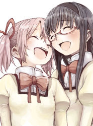 10s 2girls :d akemi_homura black_hair bow closed_eyes female_focus gaihan_umeboshi_mitchell glasses hair_ribbon hairband happy heads_together jubigamura juliet_sleeves kaname_madoka long_hair long_sleeves mahou_shoujo_madoka_magica mahou_shoujo_madoka_magica_(anime) mitakihara_school_uniform multiple_girls open_mouth pink_hair puffy_sleeves red-framed_eyewear red_bow ribbon school_uniform semi-rimless_eyewear sidelocks simple_background smile twintails under-rim_eyewear white_background yuri