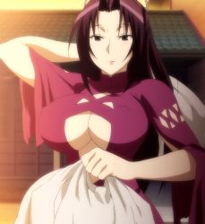 Rule 34 | 1girl, breasts, cleavage, dress, highres, kazehana, large breasts, long hair, looking at viewer, purple dress, purple hair, sekirei, smile, solo, standing, stitched, third-party edit