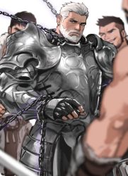 Rule 34 | 4boys, age difference, armor, bara, beard, bound, bound arms, breastplate, chain, chained, dopey (dopq), eyebrow cut, facial hair, highres, male focus, mature male, multiple boys, muscular, muscular male, mustache, old, old man, original, paid reward available, short hair, shoulder armor, thick eyebrows, white hair