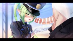 Rule 34 | 1boy, 1girl, after fellatio, bar censor, black hat, black jacket, blue archive, blurry, blurry background, censored, cum, cum in mouth, cum on hands, cum on tongue, earrings, erection, fang, gloves, green hair, hair between eyes, hat, hetero, nozomi (blue archive), highres, jacket, jewelry, long hair, long sleeves, looking at viewer, open mouth, peaked cap, penis, pointy ears, rancidronin, skin fang, solo focus, testicles, twintails, white gloves, yellow eyes
