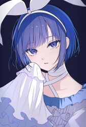 Rule 34 | 1girl, :o, blue background, blue eyes, blue hair, bow, collarbone, dress, frilled dress, frills, hairband, hand up, highres, indie utaite, looking at viewer, open mouth, short hair, simple background, sleeves past fingers, sleeves past wrists, smtknitoha, solo, unnamed girl (x0o0x), upper body, utaite, white bow, white dress, white hairband
