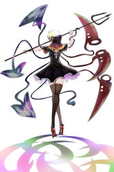 Rule 34 | 1girl, asymmetrical wings, black dress, black hair, black thighhighs, blue wings, bow, commentary request, dress, footwear bow, frilled dress, frills, from behind, full body, high heels, highres, houjuu nue, legs, medium hair, nue, pointy ears, polearm, red footwear, red wings, shadow, short dress, short sleeves, snake, snake head tail, snake tail, solo, tail, thighhighs, touhou, trident, weapon, white background, wings, wristband, yokochou