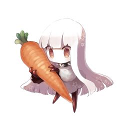 Rule 34 | 1girl, absurdres, blush, brown eyes, carrot, collar, colored skin, dress, eye (okame nin), fewer digits, food, full body, highres, holding, holding food, holding vegetable, long hair, long sleeves, looking at viewer, no mouth, okame nin, original, rags, red eyes, simple background, solo, spiked collar, spikes, star (symbol), star in eye, symbol in eye, vegetable, very long hair, white background, white dress, white hair, white skin