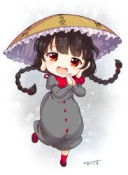 Rule 34 | 1girl, ajirogasa, black hair, blunt bangs, blush, braid, brown hat, buttons, capelet, chibi, clothes writing, commentary request, dress, frilled hair tubes, frilled hat, frills, full body, grey dress, hair tubes, happy, hat, iris anemone, jizou, long earlobes, long hair, looking at viewer, open mouth, own hands together, palms together, red capelet, red eyes, red legwear, ribbon, sandals, single strap, teeth, touhou, twin braids, upper teeth only, yatadera narumi, zouri