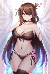 Rule 34 | 1girl, absurdres, bare shoulders, beidou (genshin impact), black choker, black thighhighs, bra, breasts, brown eyes, brown hair, choker, cleavage, collarbone, colored eyepatch, commentary, curtains, eyepatch, gem, genshin impact, guardian-panda, hair ornament, hair over one eye, hair stick, highres, lace, lace-trimmed bra, lace trim, large breasts, long hair, looking at viewer, navel, one eye covered, panties, parted lips, petals, see-through, smile, solo, standing, thighhighs, underwear, underwear only, vision (genshin impact)