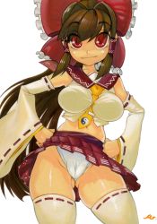 Rule 34 | 1girl, acrylic paint (medium), adapted costume, alternate costume, between breasts, bow, breasts, brown hair, cameltoe, colored pencil (medium), detached sleeves, female focus, hair bow, hair tubes, hakurei reimu, hands on own hips, highres, hip focus, impossible clothes, impossible shirt, large breasts, long hair, looking at viewer, mamorunokoto, midriff, navel, necktie, painting (medium), panties, pantyshot, petite, plump, red eyes, shirt, sidelocks, signature, skindentation, skirt, solo, thick thighs, thighhighs, thighs, touhou, traditional media, underwear, upskirt, very long hair, white panties, wide hips, wide sleeves, wind, wind lift