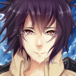 Rule 34 | 1girl, blue sky, brown eyes, cloud, cloudy sky, coat, crying, eyebrows, face, happy, light smile, lips, looking at viewer, mitarashi anko, mountain, naruto, naruto (series), purple hair, short hair, sky, smile, solo, tears, wind