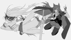 Rule 34 | 2girls, animal ears, back, bare shoulders, collared shirt, detached sleeves, fingerless gloves, floating hair, fur trim, gloves, greyscale, holding, holding sword, holding weapon, horns, jacket, jacket on shoulders, kaifei (kaifei 29), kirin (armor), kirin r yato (arknights), lapels, long hair, long sleeves, monochrome, monster hunter (series), multicolored hair, multiple girls, necktie, official alternate costume, pointy ears, shirt, shorts, simple background, single detached sleeve, skirt, squatting, sword, tail, texas (arknights), texas the omertosa (arknights), thighhighs, toned female, weapon, wolf ears, wolf tail, yato (arknights)