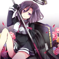 Rule 34 | 10s, 1girl, bad id, bad pixiv id, black gloves, blush, breasts, dress, glaive (polearm), gloves, halo, imperial japanese navy, kantai collection, large breasts, mechanical halo, personification, polearm, purple eyes, purple hair, sakura (lilak a), school uniform, short hair, skirt, smile, tatsuta (kancolle)