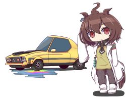 Rule 34 | absurdres, agnes tachyon (umamusume), ahoge, black necktie, brown hair, car, chemical structure, chibi, collared shirt, ear piercing, earrings, ford mustang, ford mustang (1st generation), highres, horse girl, jewelry, lab coat, motor vehicle, muscle car, necktie, pantyhose, piercing, red eyes, sakusan (ss-awesome), shirt, shoes, short necktie, single earring, sleeves past wrists, solo, sweater vest, test tube, umamusume, vehicle focus, white footwear