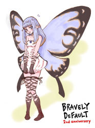 Rule 34 | 1girl, aerie (bravely default), bare shoulders, blush, bravely default: flying fairy, bravely default (series), butterfly wings, copyright name, cross-laced clothes, cross-laced legwear, dress, dress tug, fairy, flying sweatdrops, grey eyes, insect wings, long hair, open mouth, pointy ears, short dress, silver hair, solo, strapless, strapless dress, white dress, wings