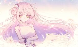 Rule 34 | 1girl, absurdres, blue archive, breasts, closed mouth, dress, flower, gradient background, hair bun, hair flower, hair ornament, hair scrunchie, halo, highres, holding own arm, large breasts, light smile, long hair, looking at viewer, low wings, mika (blue archive), pink hair, reizouko, scratches, scrunchie, single side bun, sleeveless, sleeveless dress, smile, solo, upper body, very long hair, white dress, white wings, wings, wrist scrunchie, yellow eyes