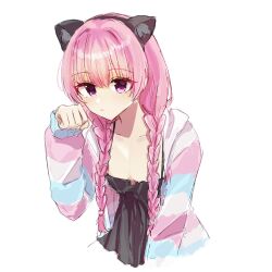 Rule 34 | 1girl, :&lt;, animal ears, black camisole, blazer, blush, braid, breasts, camisole, cat ears, ch2sh, closed mouth, commentary, cropped torso, fake animal ears, frown, hair between eyes, hand up, highres, jacket, long hair, looking at viewer, low twin braids, mitsukasa ayase, open clothes, open jacket, paw pose, pink hair, purple eyes, riddle joker, simple background, sketch, sleeves past wrists, small breasts, solo, striped clothes, striped jacket, tsurime, twin braids, upper body, white background