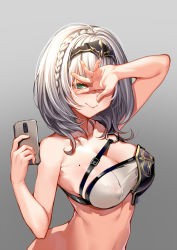 Rule 34 | 1girl, arm up, armor, bare shoulders, belt, belt buckle, black headwear, blush, bottomless, braid, breastplate, breasts, buckle, cellphone, circlet, cleavage, closed mouth, collarbone, covered erect nipples, frostcyco, gold trim, green eyes, green nails, grey background, hand on own face, hidden face, highres, holding, holding phone, hololive, large breasts, lips, mole, mole on breast, nail polish, o-ring, phone, shirogane noel, shirogane noel (1st costume), smartphone, solo, taking picture, virtual youtuber, white hair