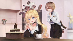 Rule 34 | 2girls, :d, afterimage, animal ears, arm behind back, bell, bianka durandal ataegina, black choker, black gloves, black hairband, black pantyhose, black shirt, black skirt, blonde hair, blue eyes, blurry, blurry background, blush, breasts, brown hair, buttons, cake, cat ears, center frills, choker, closed mouth, collarbone, collared shirt, commentary request, cup, earrings, eyelashes, fake animal ears, fangs, finger to mouth, flower, food, frilled sleeves, frills, gloves, hair between eyes, hair over one eye, hairband, hand up, hands up, highres, holding hairband, homu (honkai impact), honkai (series), honkai impact 3rd, index finger raised, indoors, jewelry, jingle bell, large breasts, light particles, long hair, long sleeves, mole, mole under eye, motion lines, multiple girls, one eye covered, open mouth, own hands together, pantyhose, parted bangs, red eyes, red ribbon, ribbon, rita rossweisse, saucer, shirt, shirt tucked in, short hair, shushing, sidelocks, single glove, sitting, skirt, sleeve cuffs, smile, stan (honkai impact), standing, swept bangs, table, teacup, thigh strap, tray, upper body, ura (hamburg oniku), wavy hair, white shirt, wing collar, zipper