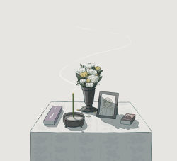 Rule 34 | absurdres, altar, avogado6, commentary request, flower, grey background, highres, original, petals, photo (object), shadow, shirt, short hair, simple background, smoke, v, white shirt