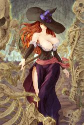 Rule 34 | 1girl, bare shoulders, breasts, brown eyes, brown hair, cave, cleavage, collarbone, corset, detached sleeves, dragon&#039;s crown, dress, full body, hat, hat over one eye, hat ribbon, highres, holding, holding staff, holding sword, holding weapon, lace, lace-trimmed dress, lace trim, large breasts, long hair, long skirt, looking at viewer, pinstripe pattern, purple ribbon, purple skirt, ribbon, shinichi kobe, side slit, skeleton, skirt, sorceress (dragon&#039;s crown), staff, striped, sword, weapon, witch hat