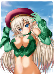 Rule 34 | 00s, 1girl, alleyne (queen&#039;s blade), alleyne (queen's blade), blue eyes, blush, braid, breasts, brown hair, crop top, elbow gloves, fighting master alleyne, gentoo, gloves, hat, long hair, navel, open mouth, pointy ears, queen&#039;s blade, rushima, solo