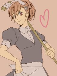 Rule 34 | 1girl, atlus, bad id, bad pixiv id, brown hair, collared shirt, female focus, flat color, hair ornament, hairclip, hand on own hip, maid, persona, persona 3, persona 3 portable, shiomi kotone, shiro96, shirt, short hair, simple background, smile, solo